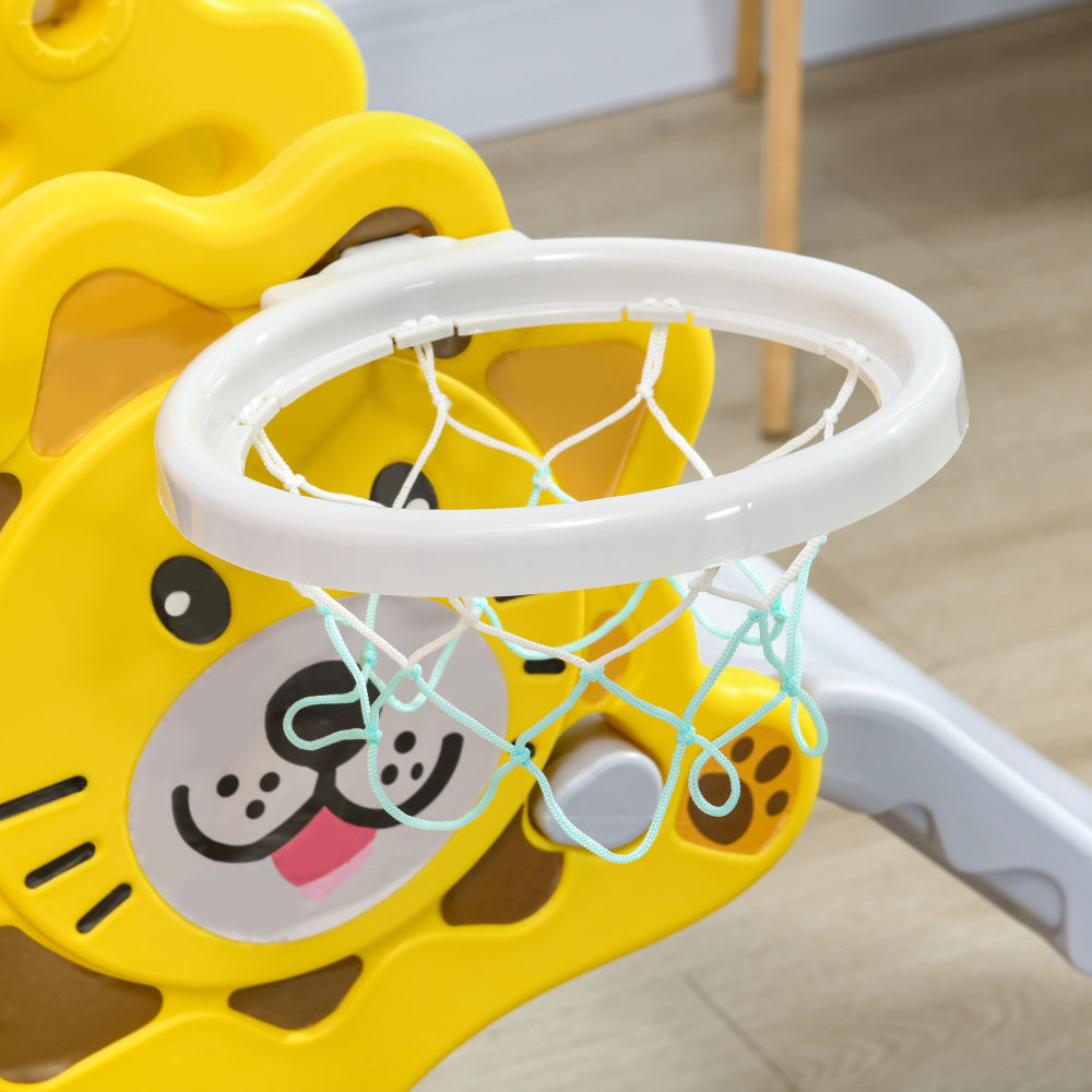 Qaba 2 in 1 Toddler Slide for Indoors, Toy for Toddler, Easy Set Up Baby Slide with Basketball Hoop for Kids 18-36 Months, Yellow