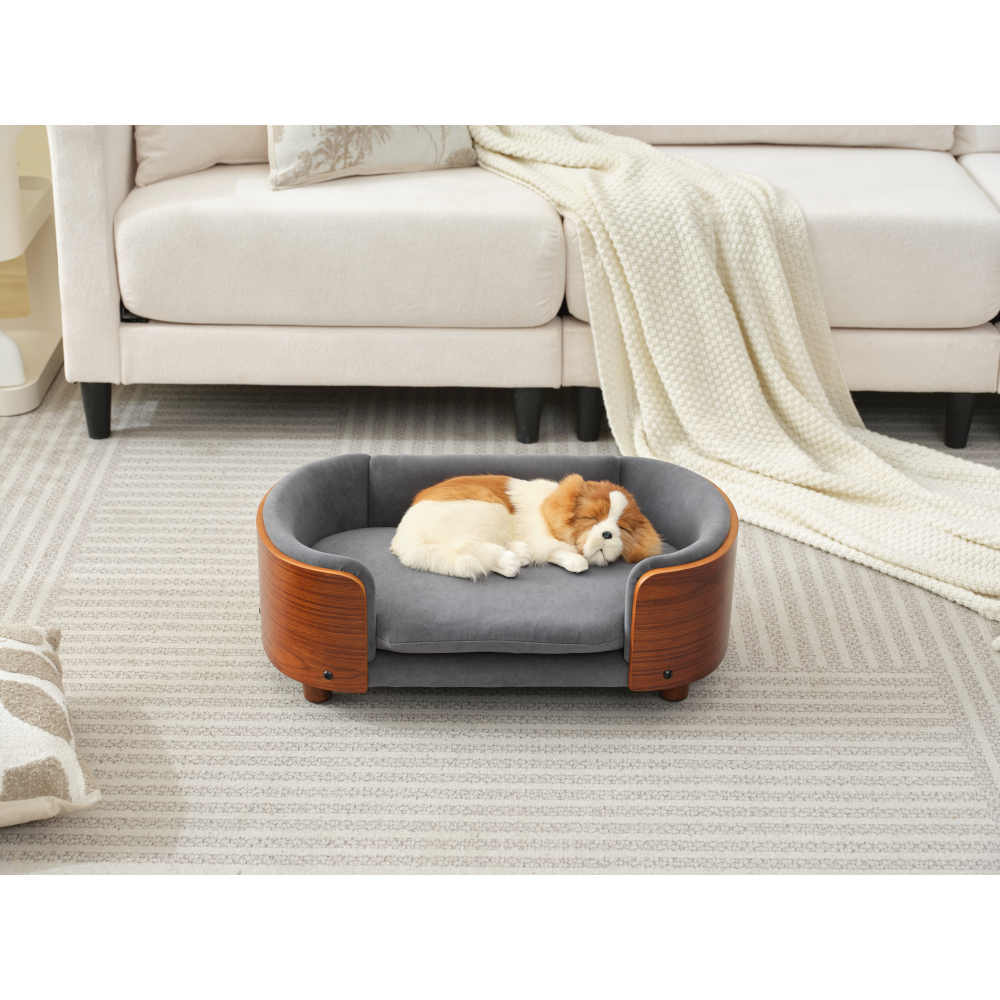 Scandinavian style Elevated Dog Bed Pet Sofa With Solid Wood legs and Bent Wood Back, Velvet Cushion,Small Size