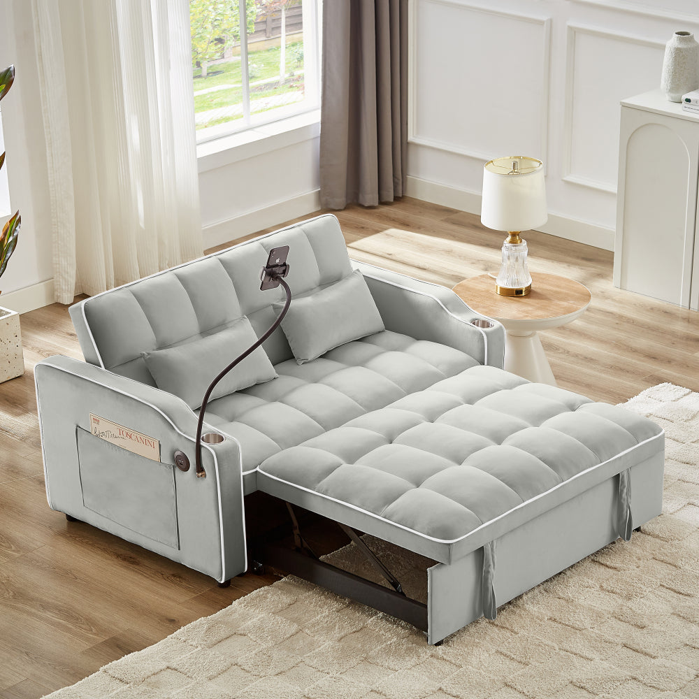 1 versatile foldable sofa bed in 3 lengths, modern sofa sofa sofa velvet pull-out bed, adjustable back and with USB port and ashtray and swivel phone stand (pink)