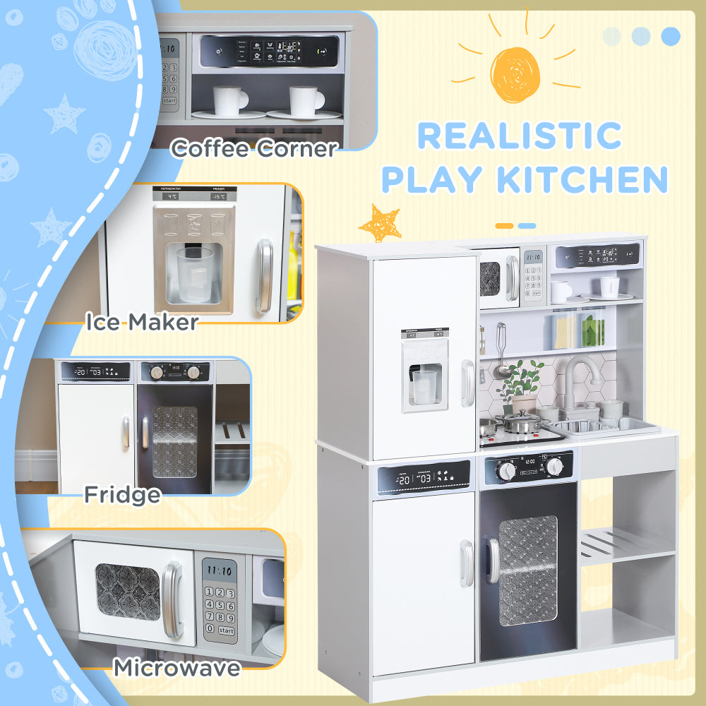 Qaba Play Kitchen, Kids Kitchen Playset, Pretend Play Toy Kitchen with Lights & Sounds, Running Water, Coffee Machine, Ice Maker, 5 Accessories & Microwave, Gift for 3-8 Years, White