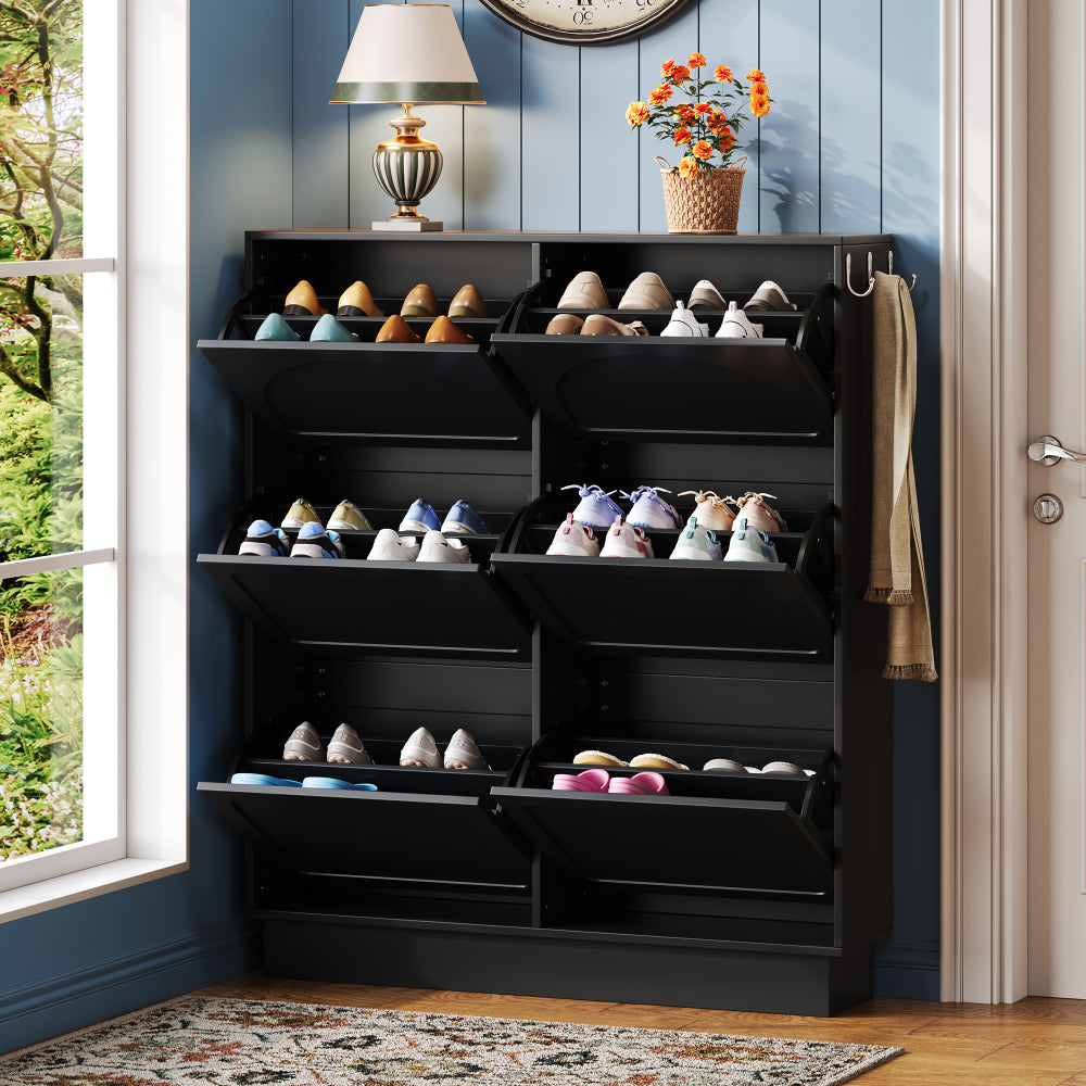 ON-TREND Elegant Shoe Cabinet with Arched Doors and Drawer, Cream Style Storage Sideboard with Adjustable Shelves and Solid Wood Legs for Entryway, Living Room, Black