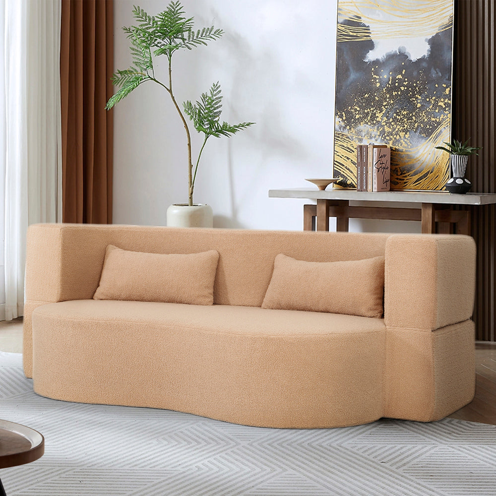 2-in-1 Convertible Sofa Bed, Full Size Folding Loveseat Couch with Soft Teddy Fabric, No Assembly Needed, Floor Sofa Mattress with 2 Pillows, Space-Saving Futon for Small Living Room, Dorm, RV,Grey