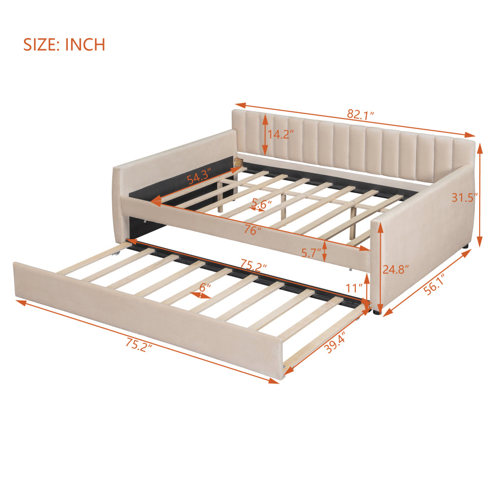 Full Size Upholstered daybed with Trundle and Wood Slat Support, Beige(Old SKU:LP000121AAA)