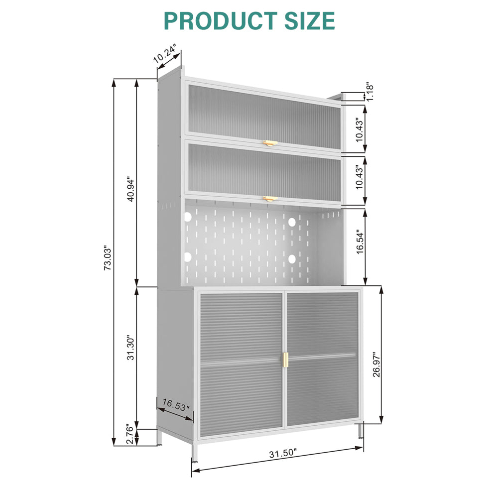 73'' Tall Kitchen Pantry Cabinet , 6 Level Flip Door with Pegboard Metal Pantry Storage Cabinet, Anti-Tip Design Hutch for Kitchen, Dining Room, Living Room (White)