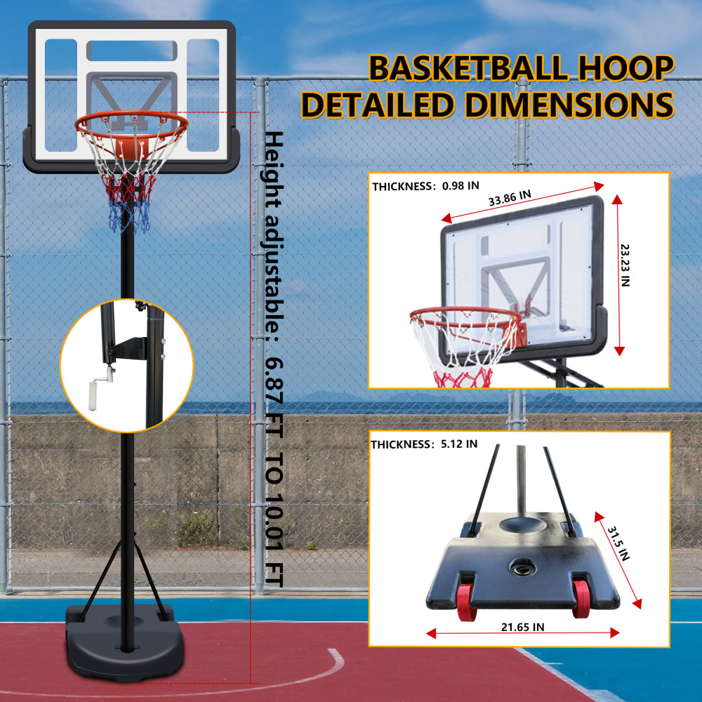 Portable Basketball Hoop for Youth Adults & Kids,Adjustable Height 6.89 ft to 10.01 ft,34 inch Backboard with Rebound System, Indoor/Outdoor Basketball Goal with Water/Sand Base, Wheels for Easy Move