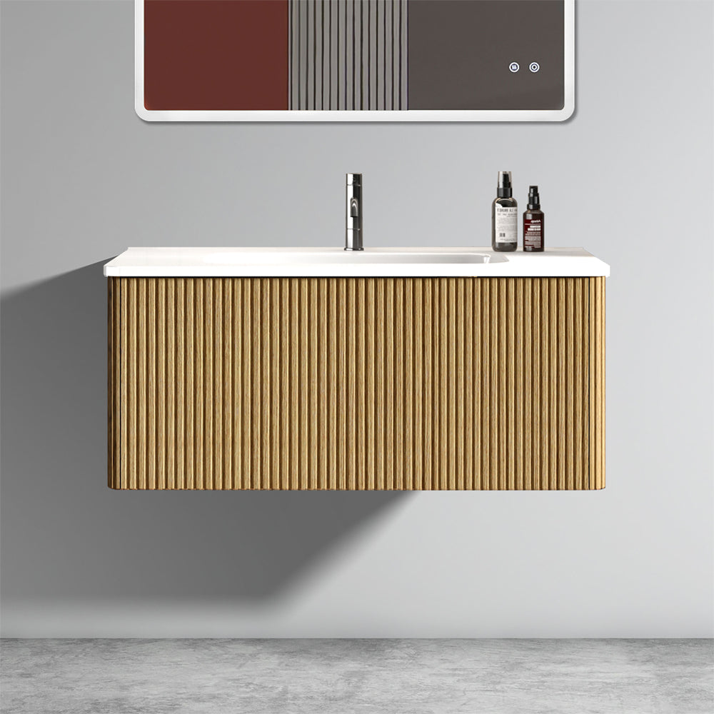 U047-Etna30W-305 Etna 30" Striped Walnut Bathroom Vanity with White Ceramic Sink, Wall Mounted Floating Bathroom Vanity for Modern Bathroom, Pre-assembled