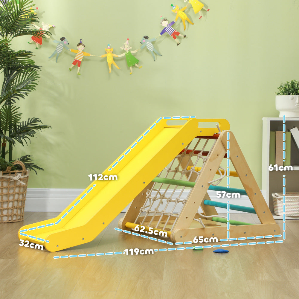 Qaba 5 in 1 Pikler Triangle Set, Indoor Toddler Climbing Toys with Slide & Sandbags, Montessori Climber, Baby Gym Play Set, Playground for Kids 18-48 Months, Multicolored