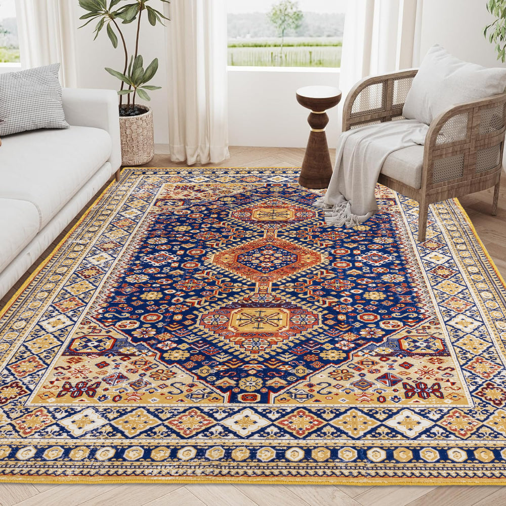 Area Rug 5x7 Vintage Bohemia Large Persian Non-slip Washable Rug For Living Room Kitchen Bedroom Living Room Abstract Geometrical Blue/ Yellow