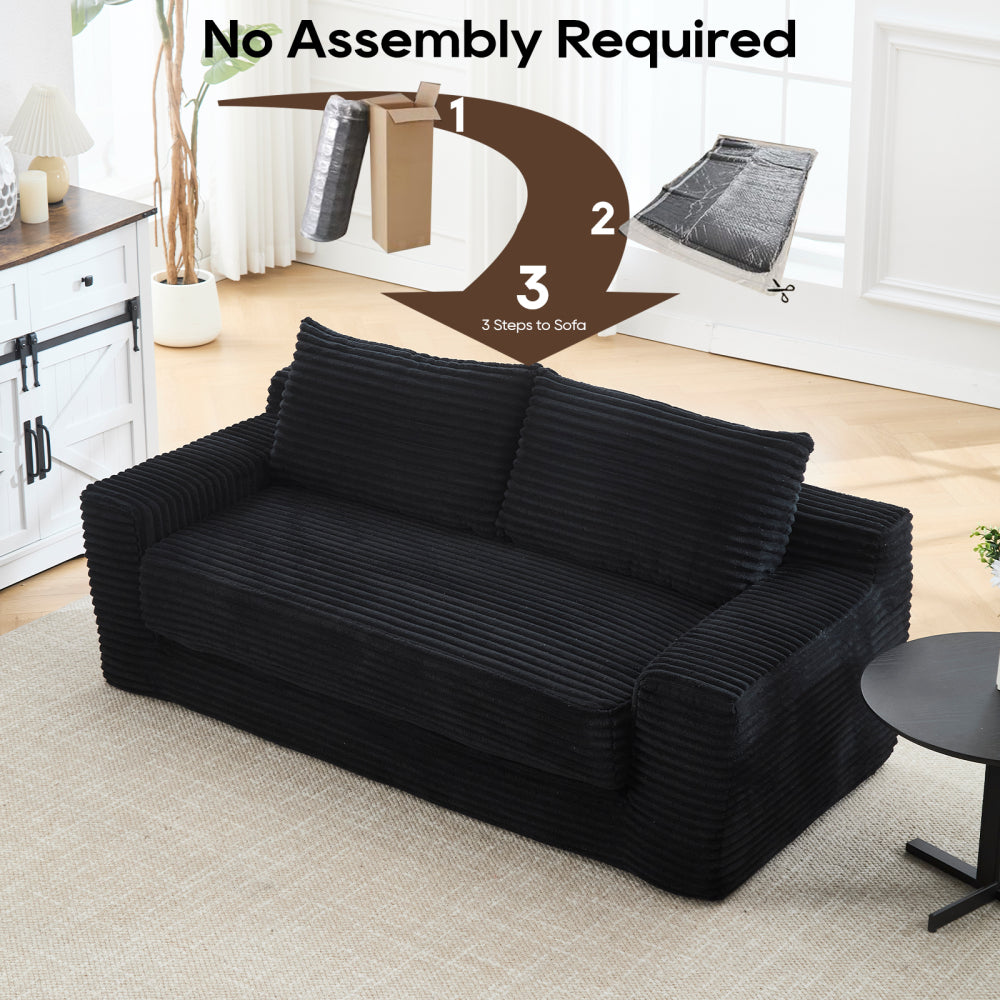 Memory foam L-shaped compression sofa for living room - No Assembly, Convertible 2-in-1 Design, Corduroy Fabric - Compact Couch for Small Spaces, Apartments, Home Office & Bedroom (Black)