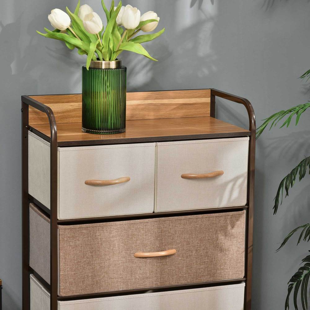 HOMCOM 5-Drawer Dresser, Fabric Drawers, 4-Tier Storage Organizer for Bedroom Entryway, Tower Unit with Steel Frame Wooden Top, Maple Wood