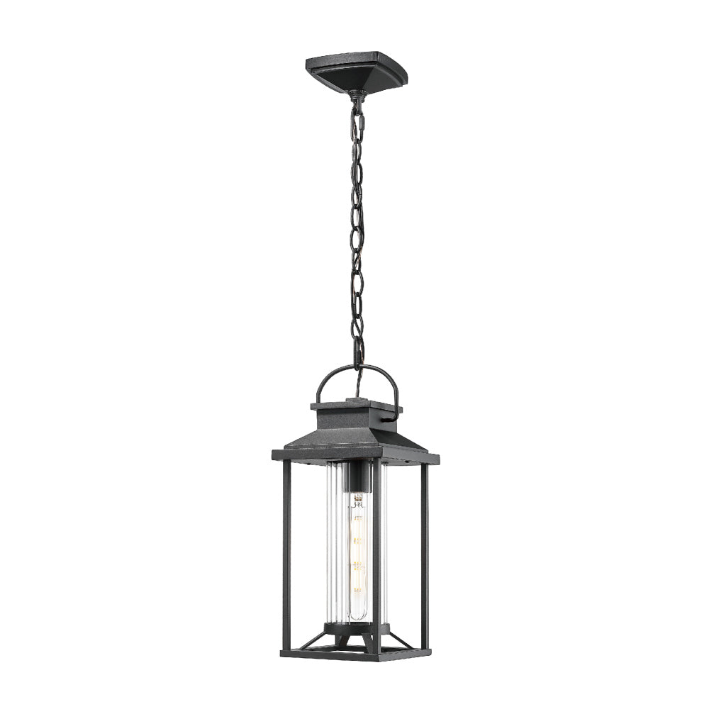 Outdoor Pendant Lights for Porch, Black Exterior Chandelier for Gazebo, Modern Outside Hanging Lanterns Outdoor Ceiling Light Fixture with Ribbed Glass for House Patio, Anti-Rust Waterproof (1 pack)