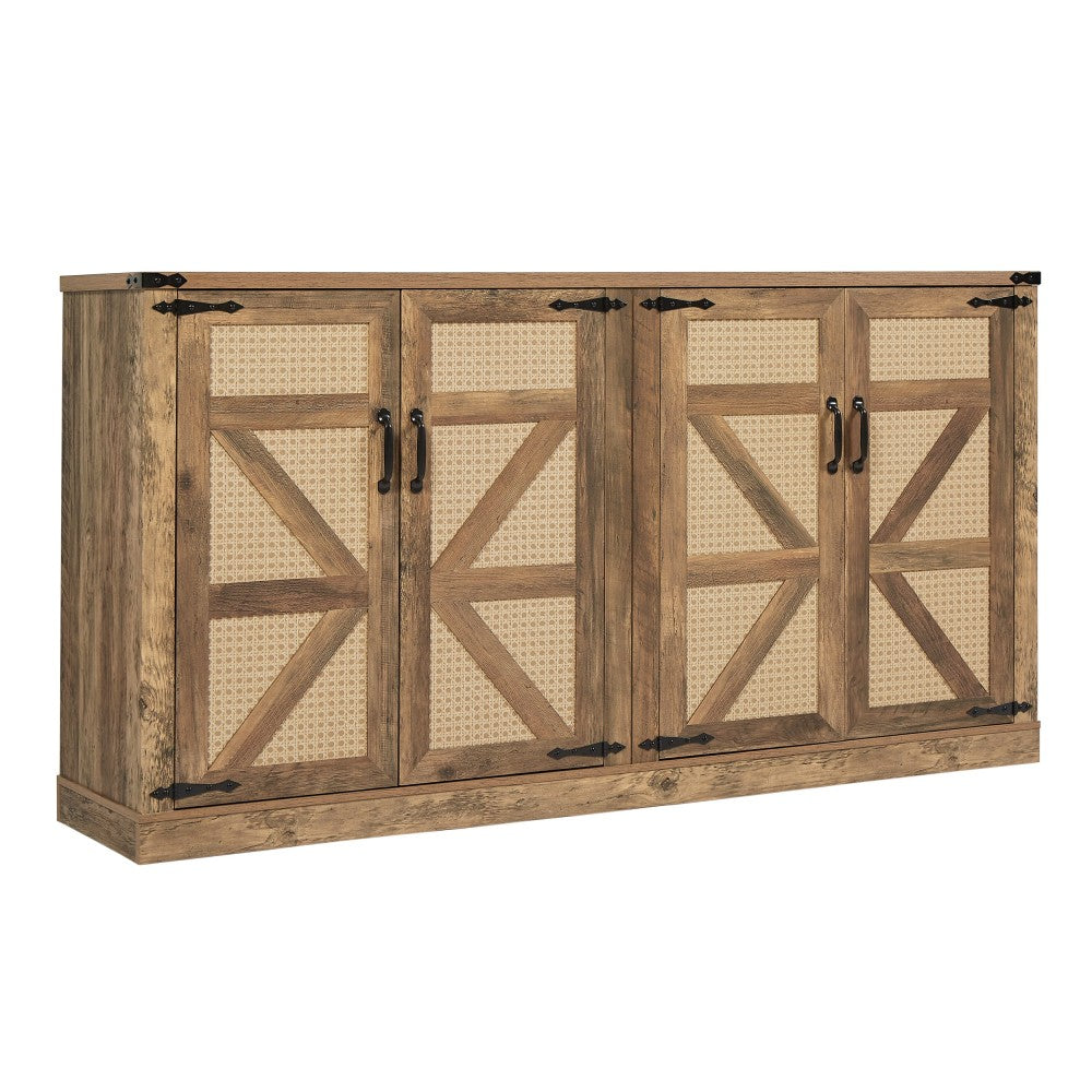65-Inch Rustic Oak Color Faux Rattan Sideboard, Barn Door Rustic Style Sideboard, Living Room, Entryway, Bedroom, Dining Room Four Door Storage Cabinet