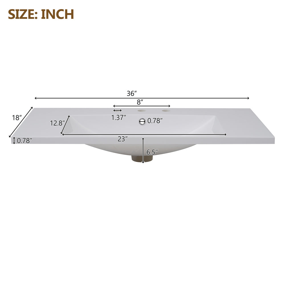 36''x18'' Bathroom Sink with Three Holes (8" Centerset), Resin Bathroom Vanity Sink Top with Overflow, Drop in Bathroom Vessel Sink Rectangle Ideal for Small Spaces, White