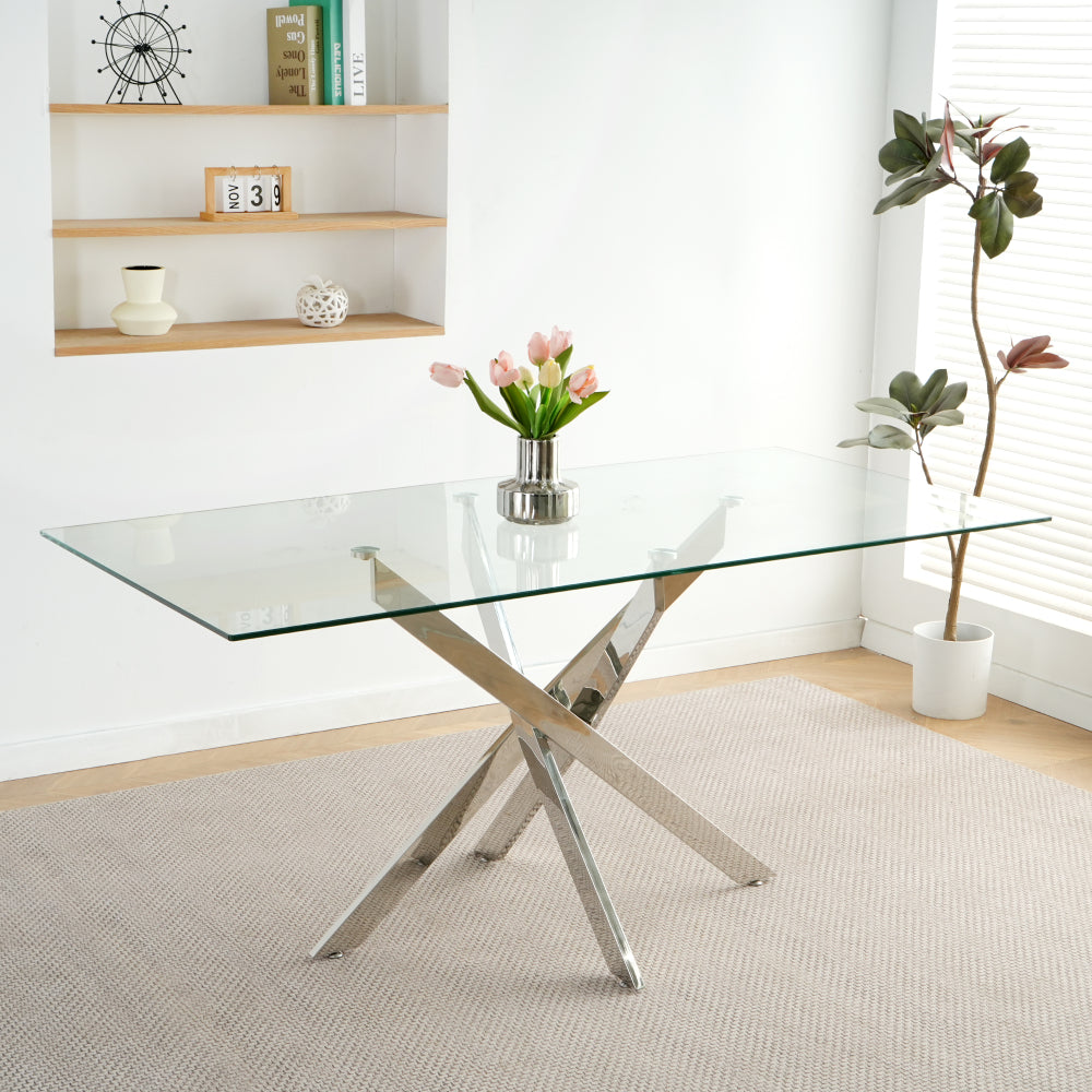 Modern Kitchen Glass dining table 63" Rectangular Tempered Glass Table top, Gold stainless steel legs , suitable for kitchens, restaurants, and living rooms(set of 1)