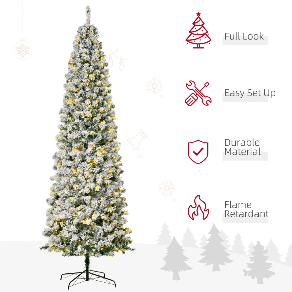 HOMCOM 9ft Pre-Lit Snow-Flocked Slim Douglas Fir Artificial Christmas Tree with Realistic Branches, 550 LED Lights and 988 Tips