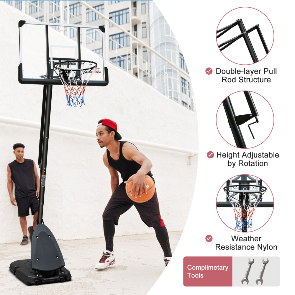 DOUBLE FISHUse for Outdoor Height Adjustable 7.5 to 10ft Basketball Hoop 44 Inch Backboard Portable Basketball Goal System with Stable Base and Wheels