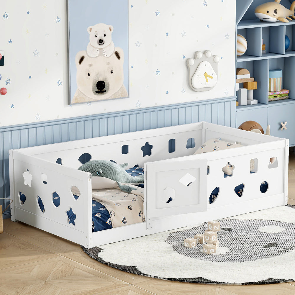 Twin Size Floor Bed with Heightened Safety Guardrails and Door, Solid Wood Bedframe with Rails for Girls, Boys, Teens, Child Bedroom, Kids Playroom, No Slats Included, White
