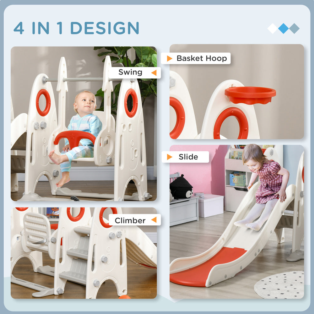 Qaba Toddler Swing Set, 4 in 1 Toddler Playground for Kids 1-3 Years Old, Indoor Toddler Playset with Slide, Swing, Basketball Hoop, Climber, Basketball, Red