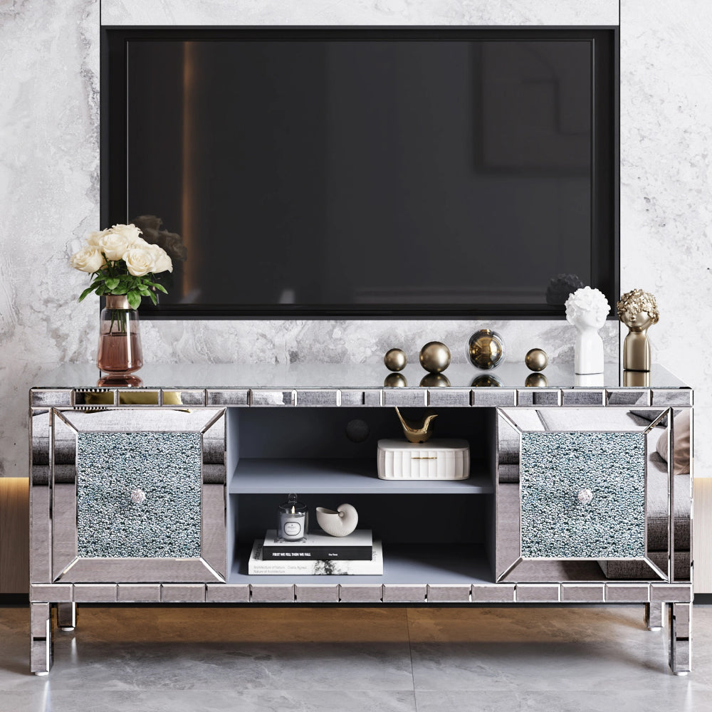 Mirrored TV Stand for 65+ inch TV,Sliver TV Console Table with Open Storage & 2 Storage Cabinets ,M Shape Sparkling Mirror Doors for Living Room(59''W x 25.2''H x 15.7D)