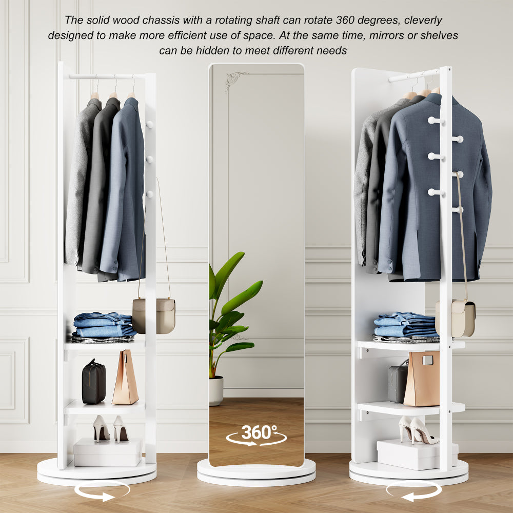 360° Rotating 66"x14" Multifunctional Full Length Mirror with Hook Storage Rack Coat Rack with Mirror Solid Wood Floor Mirror Bedroom Living Room Cloakroom Space Saving (wh