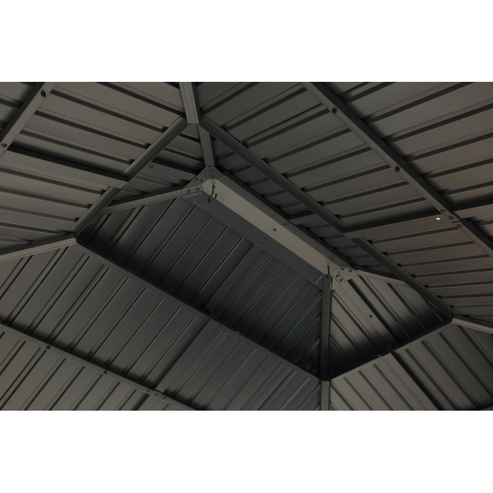 Fir Wood Carport Pavilion Gazebo, Wooden Coated steel Frame Canopy with Steel Double Roof, Outdoor Permanent Metal Pavilion with Netting for Patio