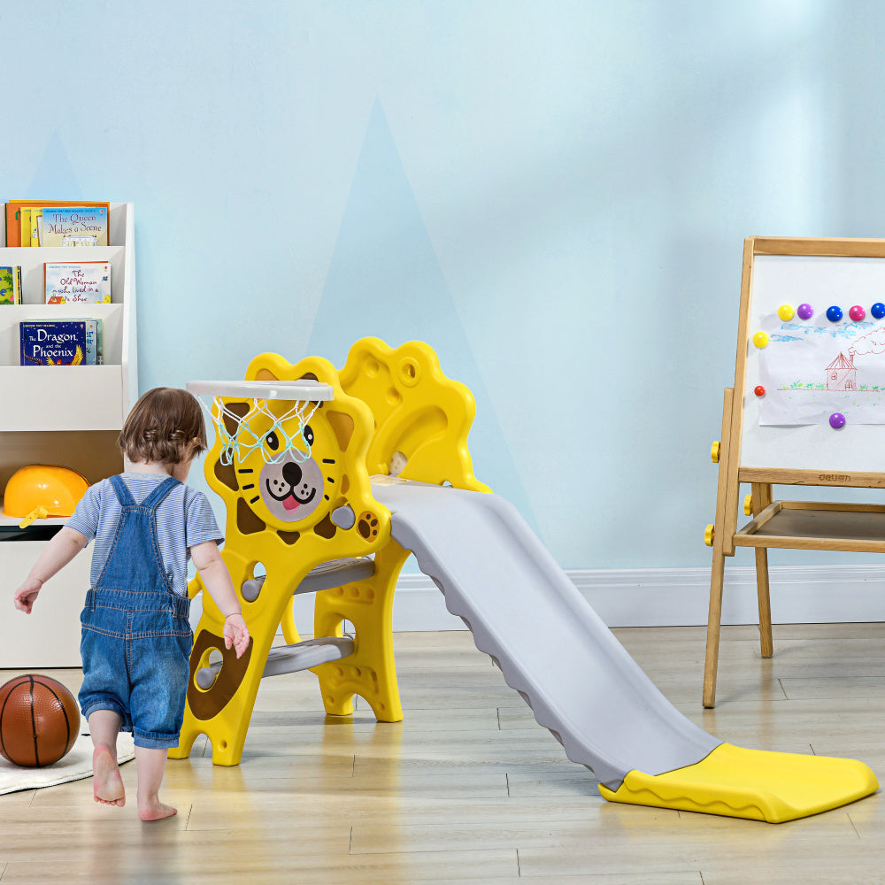 Qaba 2 in 1 Toddler Slide for Indoors, Toy for Toddler, Easy Set Up Baby Slide with Basketball Hoop for Kids 18-36 Months, Yellow