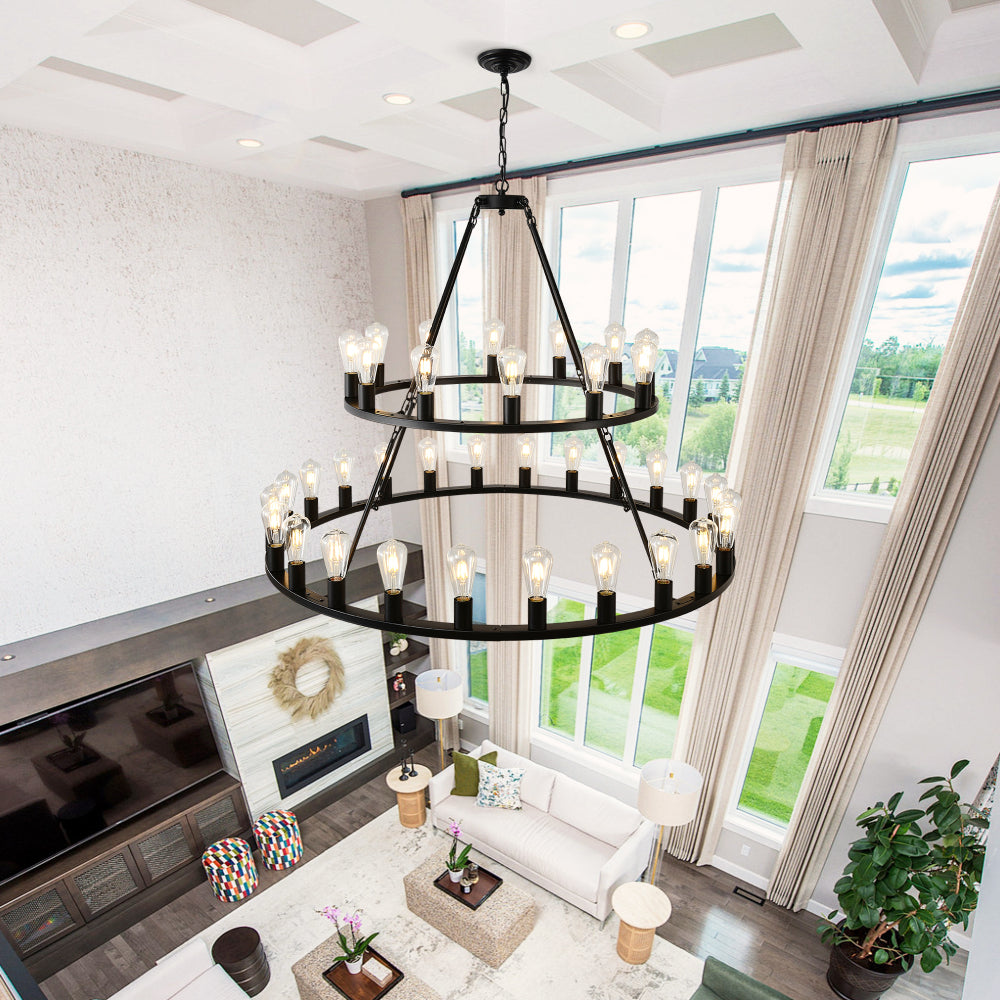 48 Inch Black Extra Large Wagon Wheel Chandelier, 2 Tier 36-Lights(No Include) Farmhouse Industrial Round High Ceiling Pendant Light Adjustable Chain, for Dining Room, Living Room,Kitchen