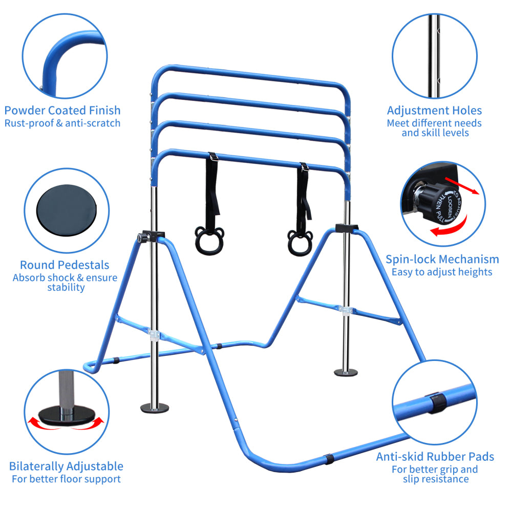 Blue Multi-Functional Adjustable Height Children's Horizontal Gymnastic Bar With Bear Rings