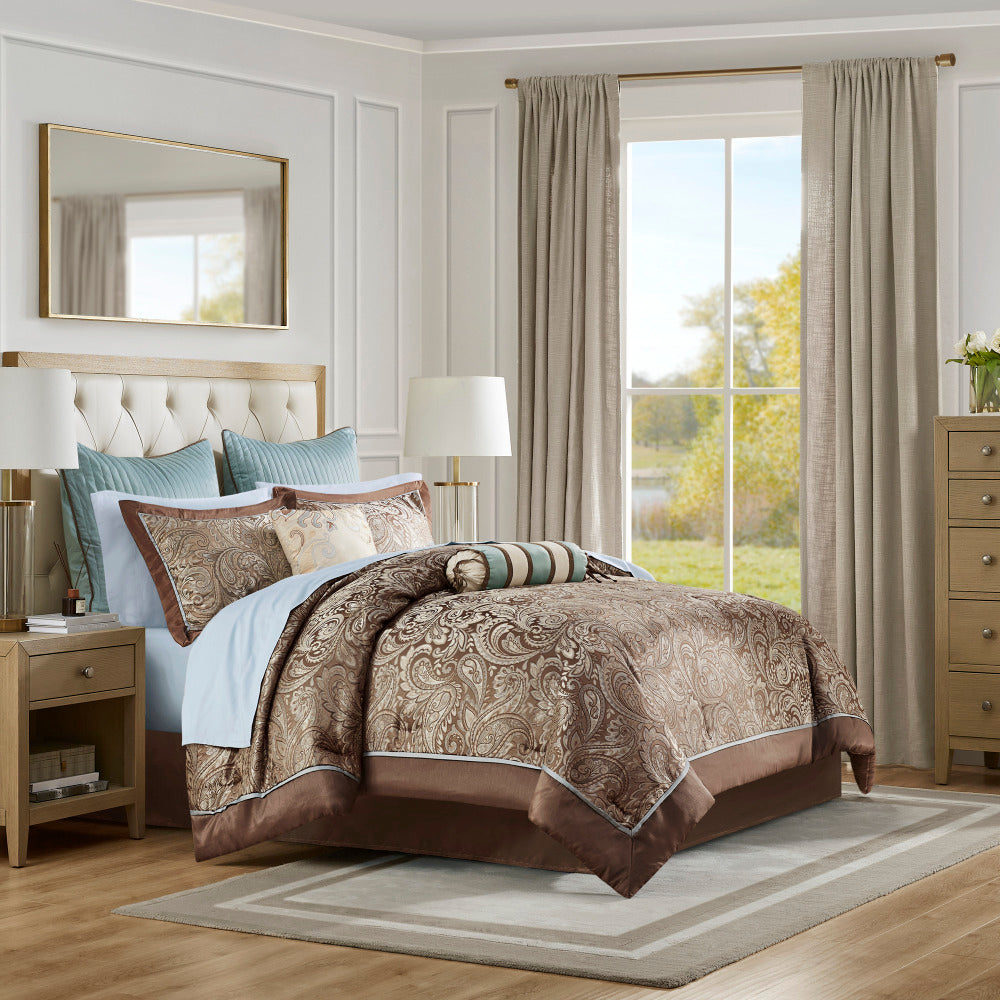 12 Piece Comforter Set with Cotton Bed Sheets Teal Cal King