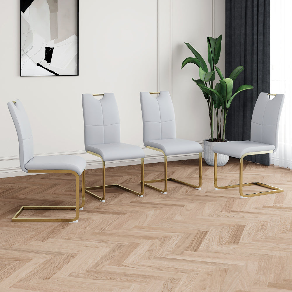 Modern simple round glass dining table, wear-resistant tempered glass countertop, gold-plated legs, grey PU dining chair set, suitable for restaurant kitchen use (set of 5)