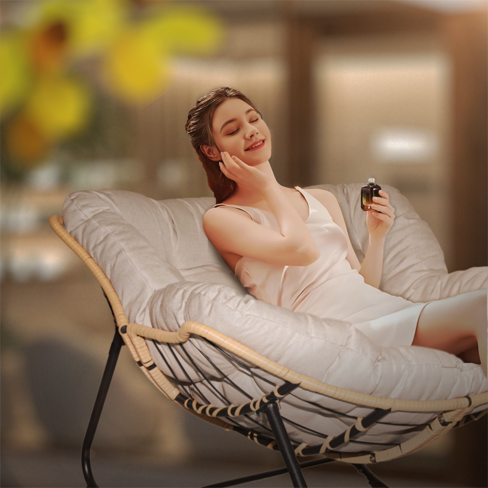 Outdoor Rocking Chair, Patio Egg Rocking Chair, Indoor Papasan Chair, Rattan Wicker Lounge Chair, Modern Royal Chair for Bedroom, Living Room, Porch, Garden,Lawn-Beige