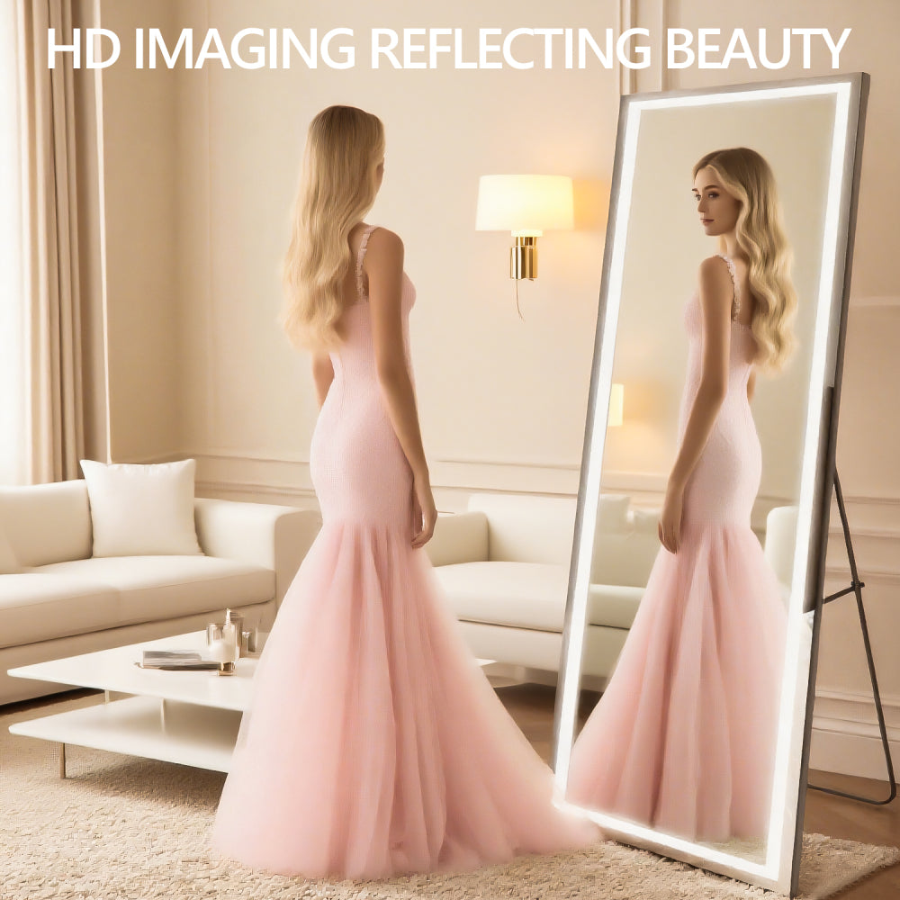 60x16 Inch Full Length Mirror with Lights, Full Body Dressing Standing, Hanging Mounted Mirror for Living Room Bedroom Cloakroom, Square Black