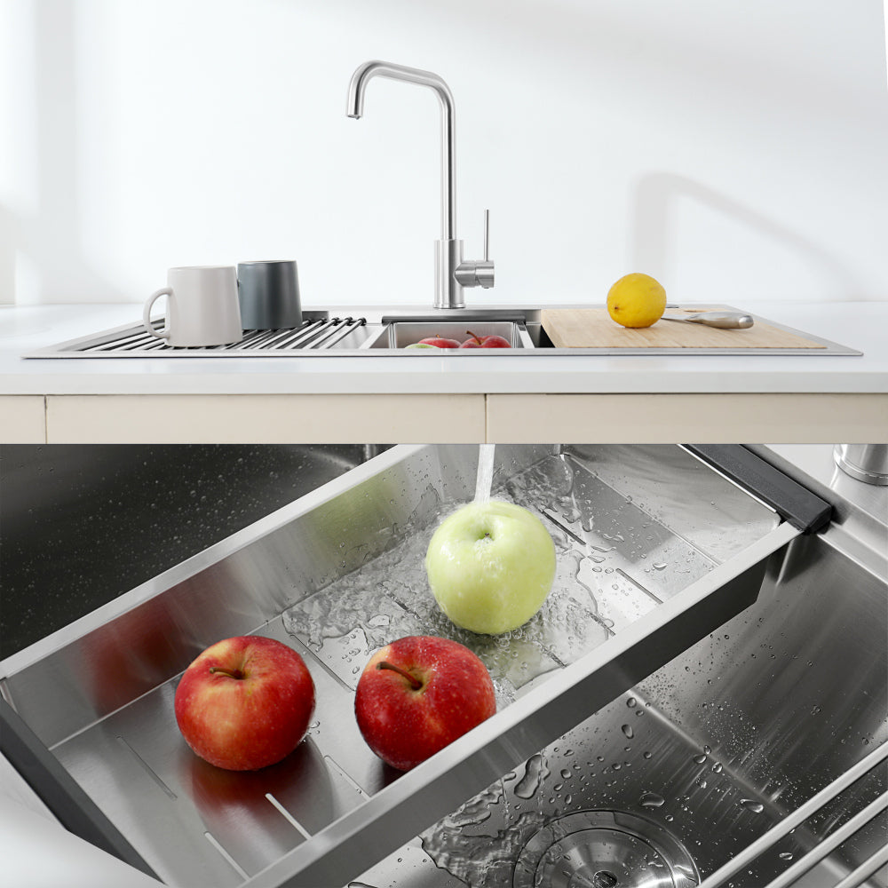 Stainless Steel Kitchen Sink, 32″x19″ Single Bowl, Overmount Handmade Sink in Brushed Nickel, with US Standard Drain and Hook, LS-SSBR02