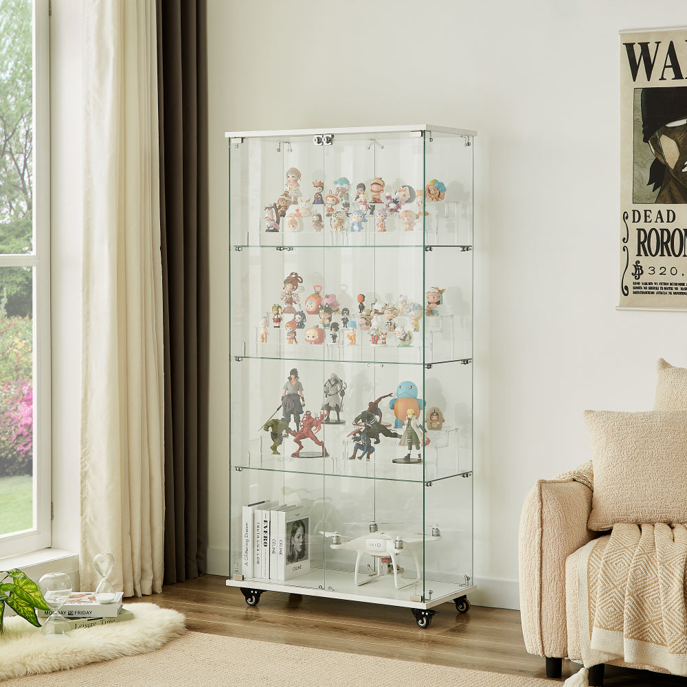 4 Tier Glass Display Cabinet, Single Door Glass Cabinet with Lock and Wheels, Floor Standing Storage Cabinet with 3 Acrylic Shelves for Living Room, Bedroom and Office, White, 15.8"L x 14.2"W x 65.1"H