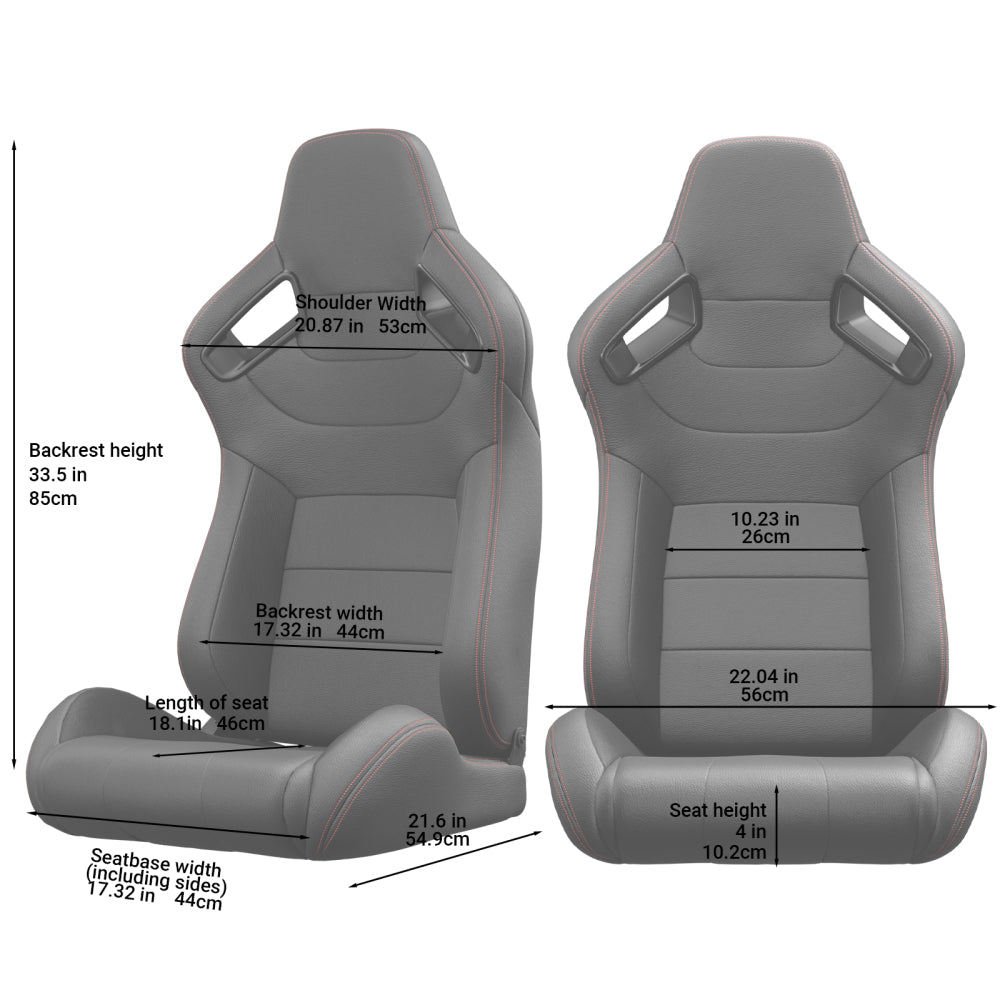 2PC New Universal Bucket Racing Seats Red Stitch Red PVC Leather Reclinable Carbon Look Leather Back With Adjustor Slider(Not Including Seat Bracket ) 1 box of 2 pieces