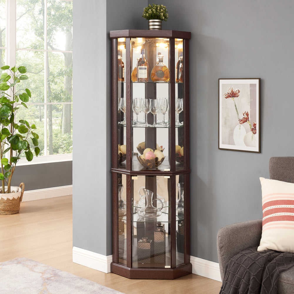 Lighted Corner Curio Cabinet - Elegant Glass Display Case for Living Room & Bar Storage - Perfect for Antique Collections & Wine - Includes Built-in Lighting - White