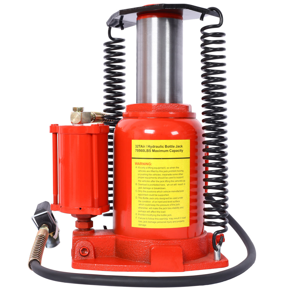 Air Hydraulic Bottle Jack, 32 Ton/70550LBS LBS All Welded Bottle Jack, 10-16.3 inch Lifting Range, Manual Handle and Air Pump, for Car, Pickup, Truck, RV, Auto Repair, Industrial Engineering ,Red
