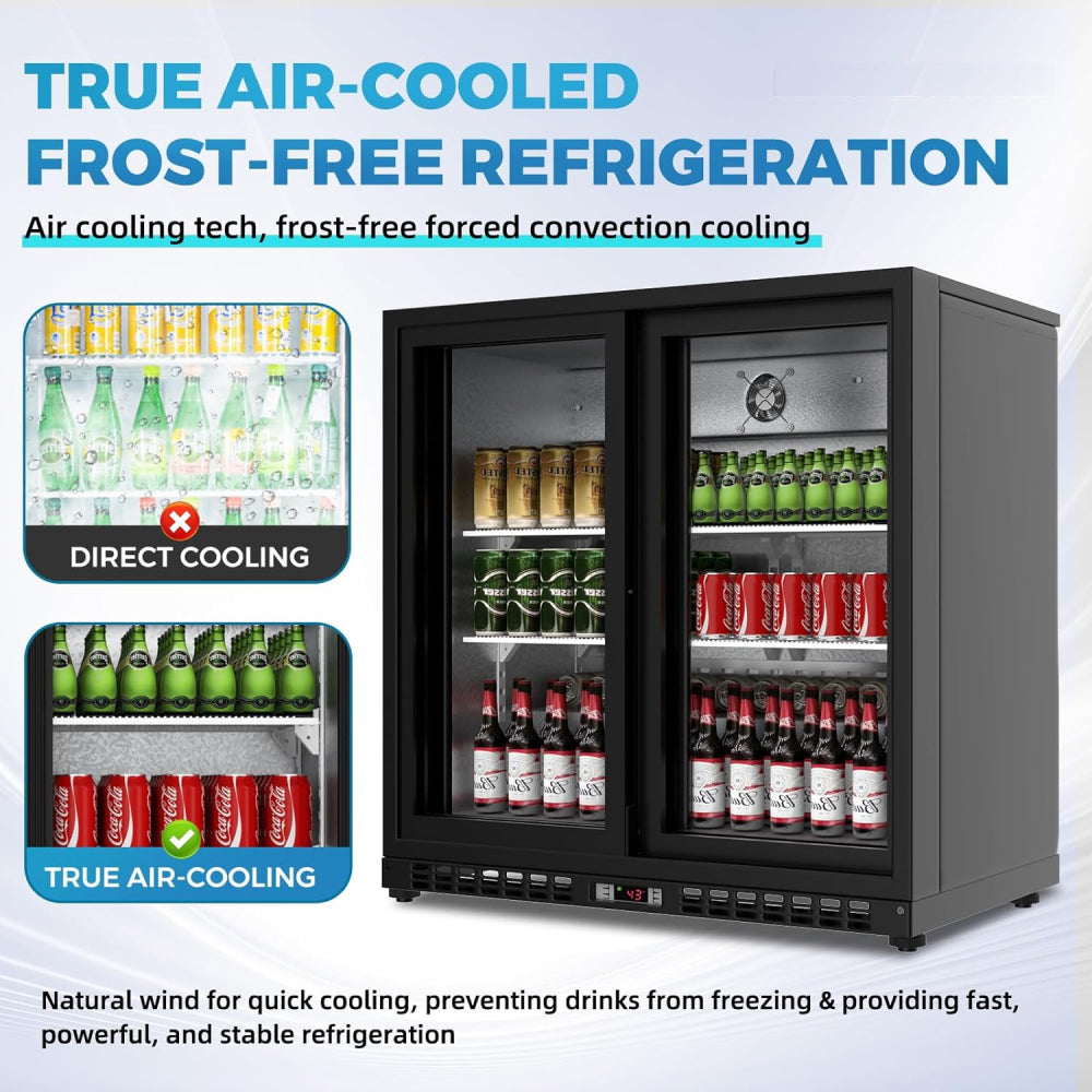7.4 Cu.Ft Back Bar Cooler 35.4"W Beverage Refrigerator, 2 Low-E Glass Sliding Doors, Counter Height Bar Fridge, Commercial Display Refrigerator Anti-Fog, LED Light for Beer, Wine, Soft Drinks