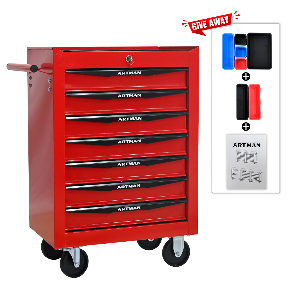 Rolling Metal Tool Chest with 7 Drawers, 20" 7-Drawer Tool Chest Cabinet with Ball Bearing Drawer Slides, Steel Tool Storage Box Organizer -Red&Black