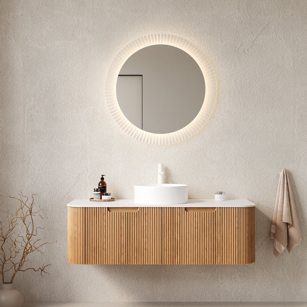DINA 24" Bathroom Vanity with Sink, Wall-Mounted Floating Curved Edges Striped Bathroom Storage Cabinet with a Drawer, White Round Ceramic Basin without Faucet, Pre-assembled, Natural Woodgrain Color