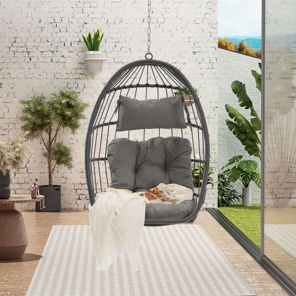 Outdoor Garden Rattan Egg Swing Chair Hanging Chair Wood+Khaki