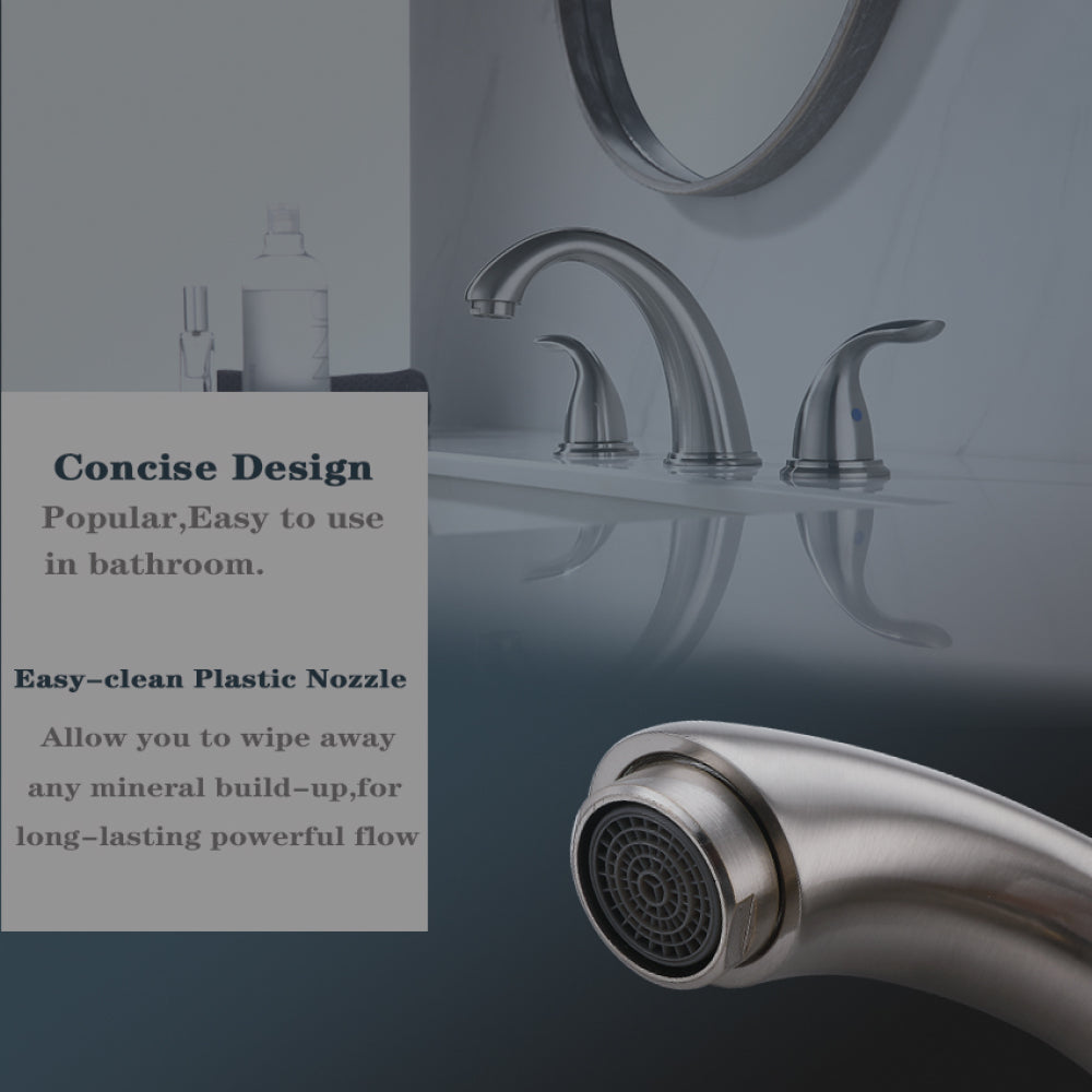 Brushed Nickel Widespread Bathroom Faucet, Waterfall Bathroom Faucets for Sink 3 Hole, 2-Handles Modern Vanity Faucet with Pop Up Drain Assembly and Lead-Free Supply Hose,8-Inch
