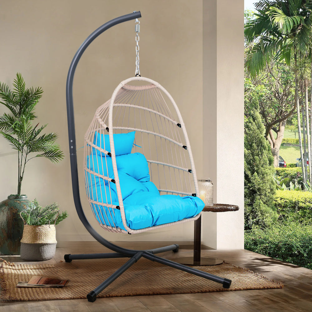 Outdoor Egg Hanging Chair with Stand, Patio Wicker Swing Egg Chair Indoor Swinging Chair Outdoor Hammock Egg Chair