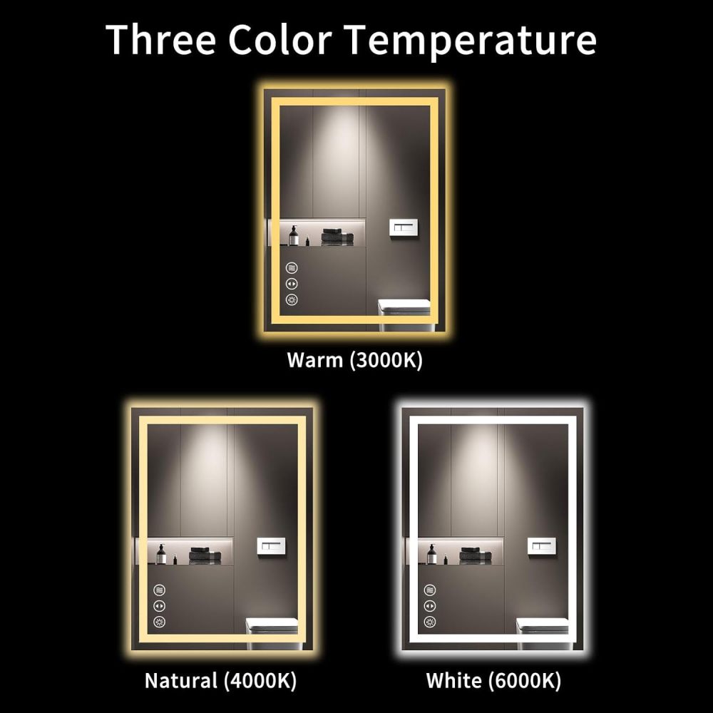 32x24 Inch IP54 Waterproof Bathroom Vanity Mirror - Anti-Fog LED, Front/Backlit, Touch Control, High Lumen LED with CRI 95 Mirror, Infinitely Dimmable, Adjustable 3000K/4500K/6000K Color Temperatures
