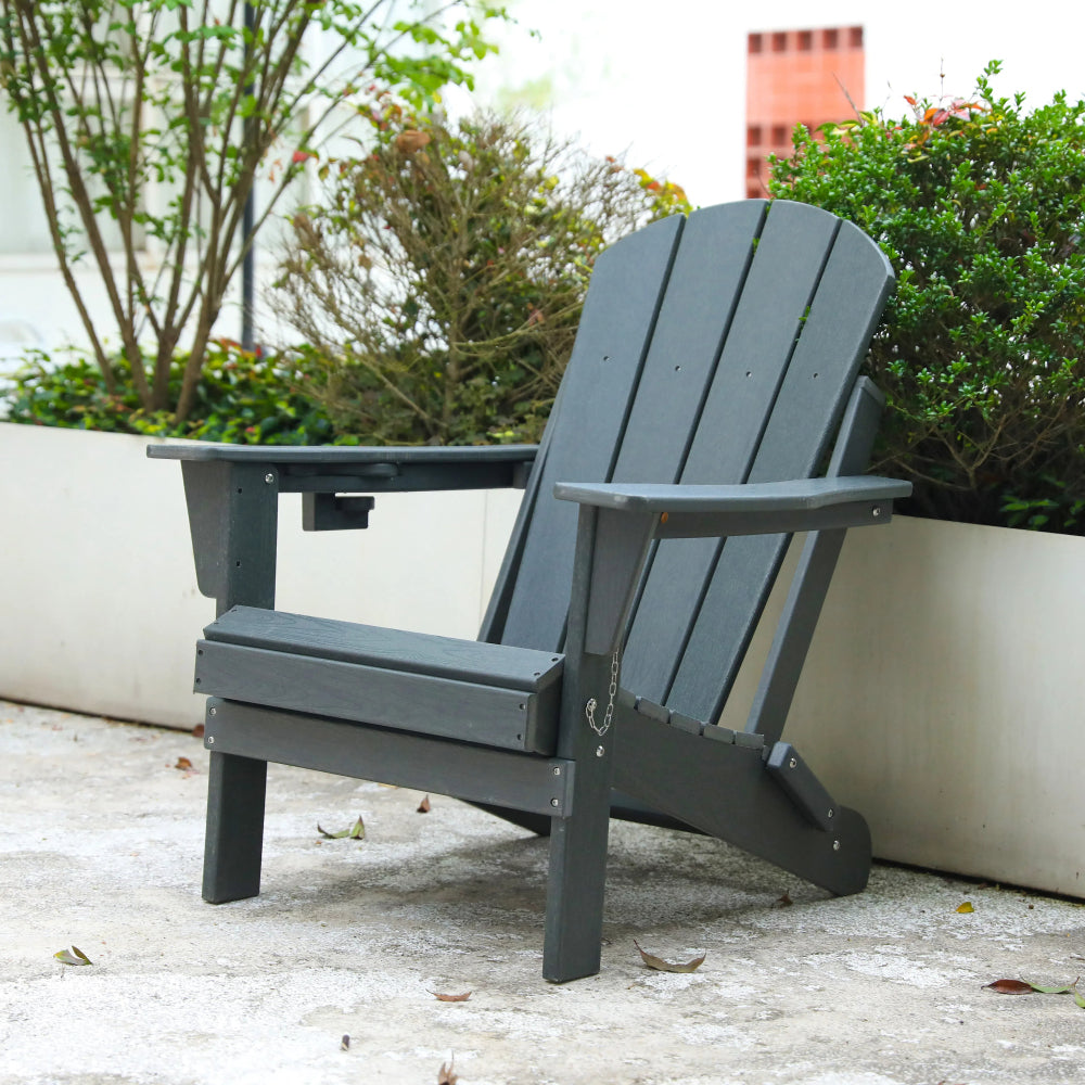 Folding Adirondack Chair with Side Table, 3-Piece Adirondack Chair Set with Wood Texture, Navy Blue(includes 2 Chairs and 1 Table)