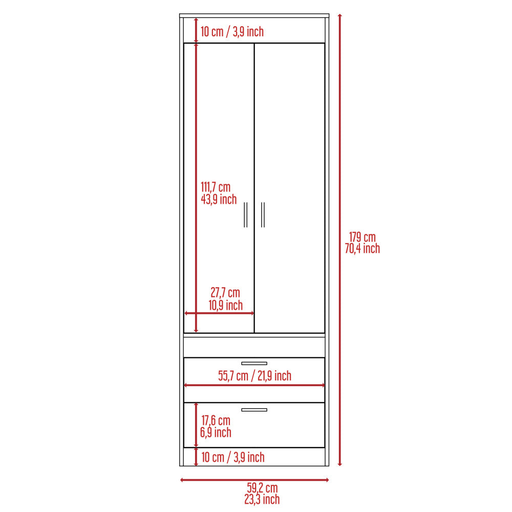Lisboa Armoire, Rod, Double Door, Two Drawers, Metal Handles