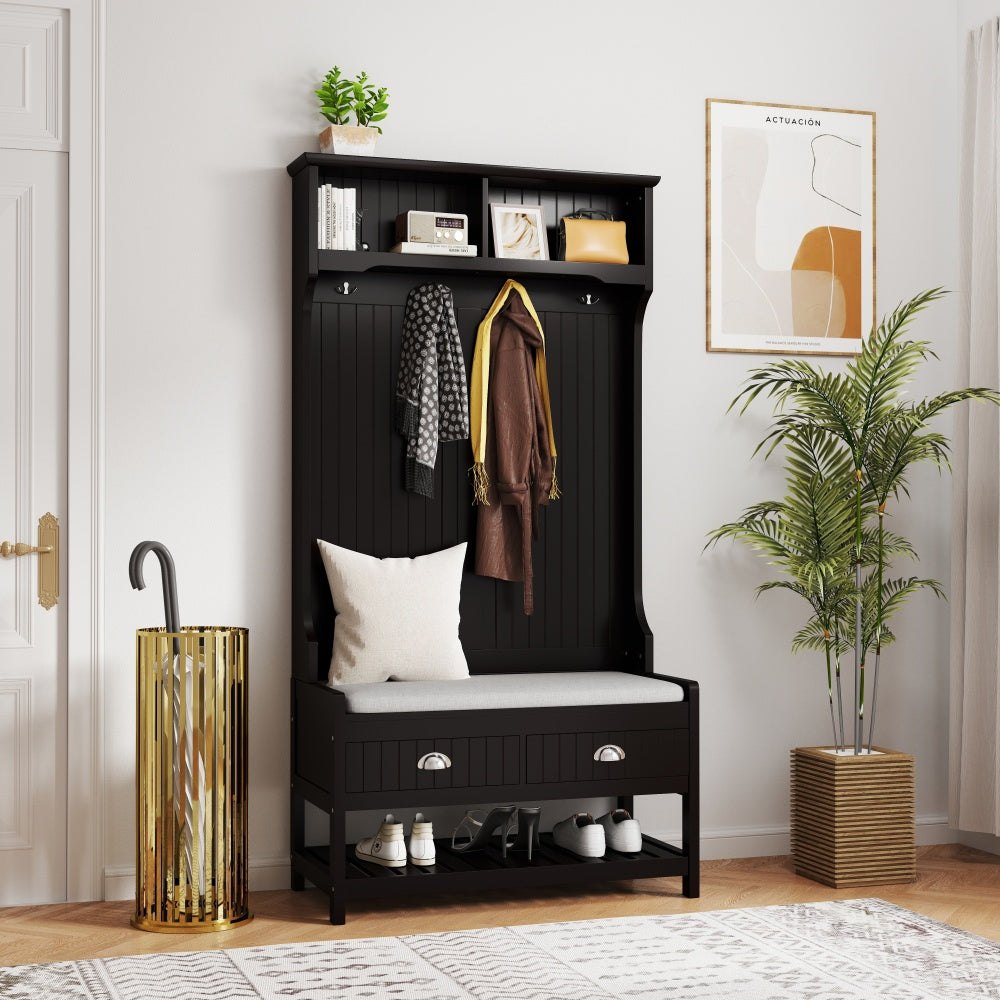 3-in-1 Hallway Hall Tree with 2 Storage Drawer and 4 Coat Rack, Wooden Entryway Shoe Rack Bench with Padded Seat Cushion, Mudroom Bench with Top Storage Shelf