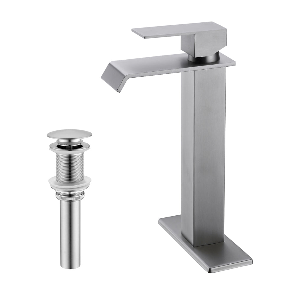 Waterfall Spout Bathroom Sink Single Handle Faucet with Pop-Up Drain (No Overflow)