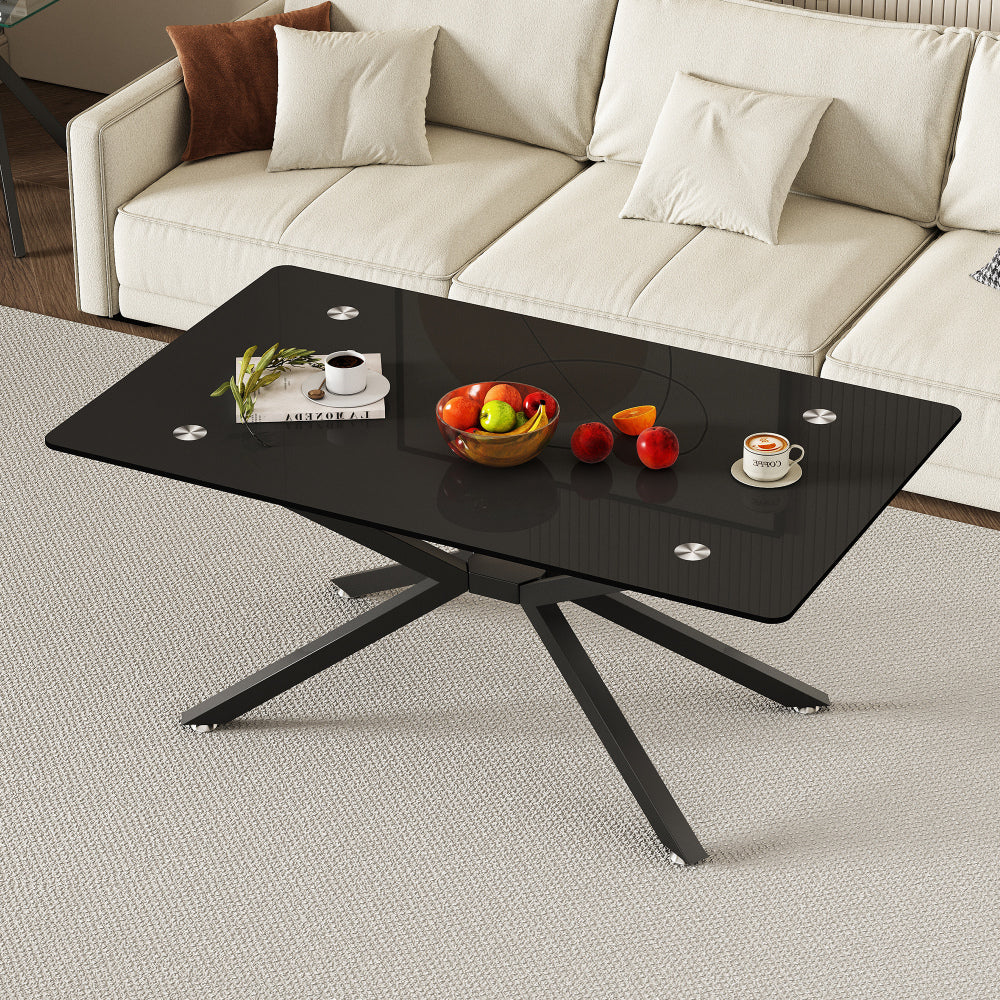 39.37" Rectangular Clear Tempered Glass Coffee Table,Stylish Design with Black Metal Legs, Coffee Table for Living Room