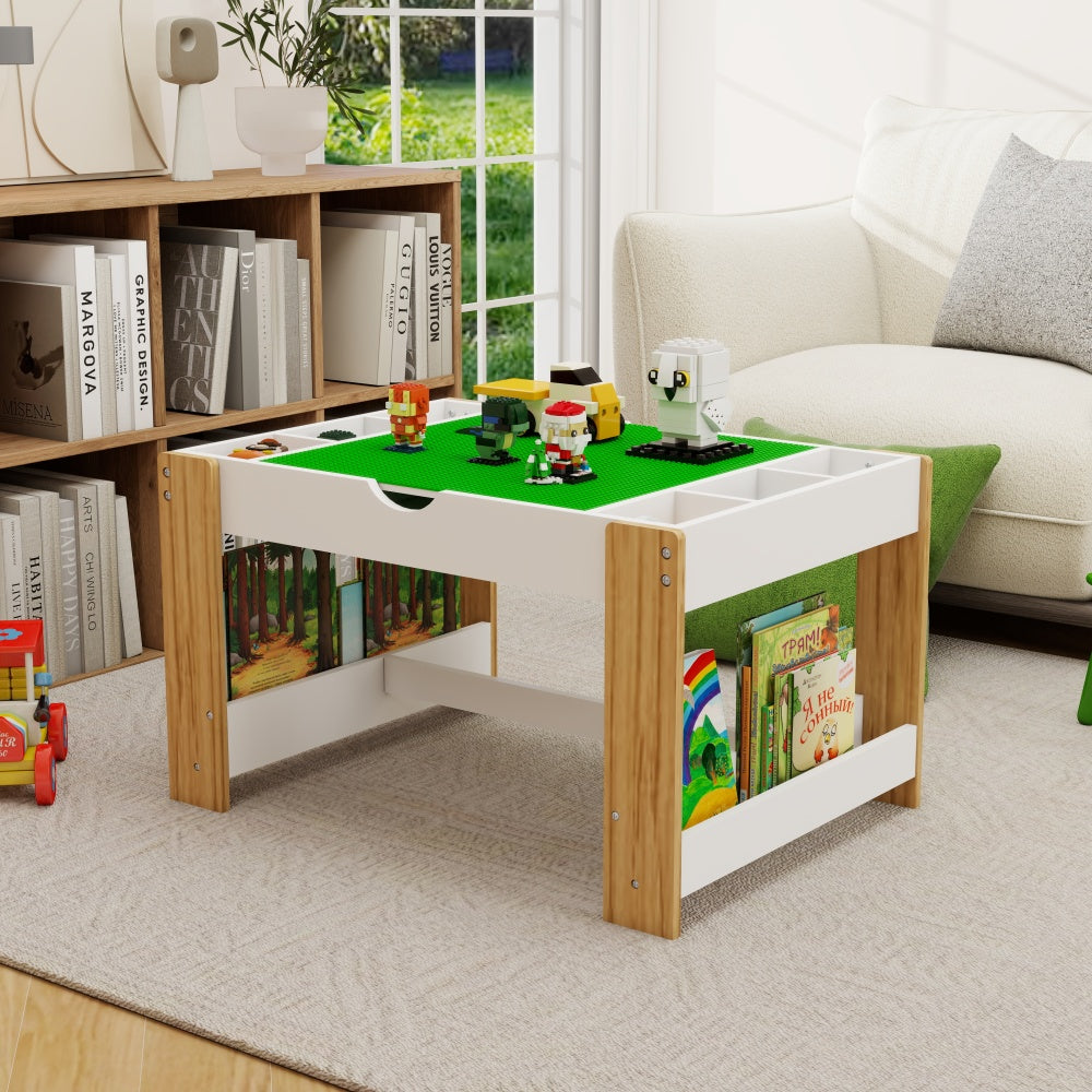 Kids 2 in 1 Play Table & 2 Chairs Set,with 7 Storage Compartments,Compatible with LEGO Building Block,Modern Activity Learning Table Game Furniture-White
